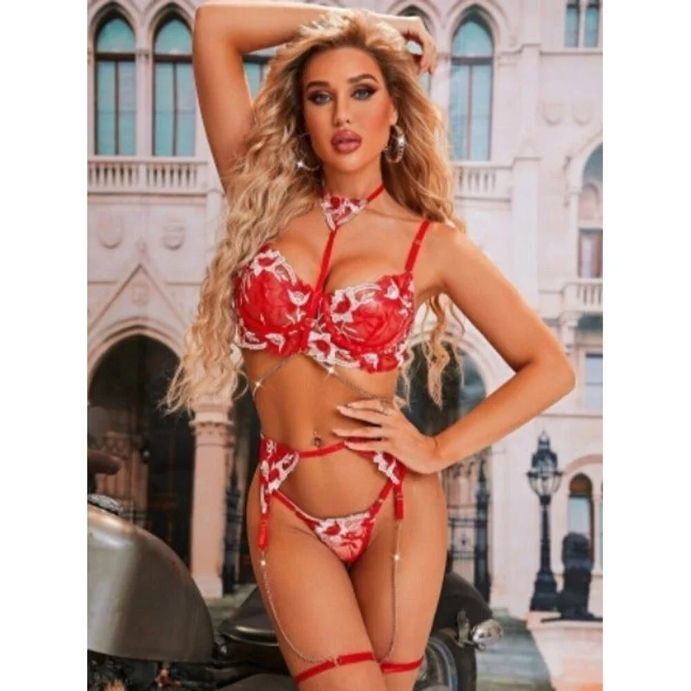 Size 10 ( Large) Red 6 piece Floral Lace Underwire Garter Lingerie Set